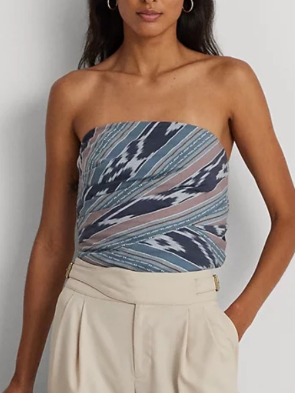 Ralph Lauren Geo-Stripe Cotton Strapless Blouse Size 12